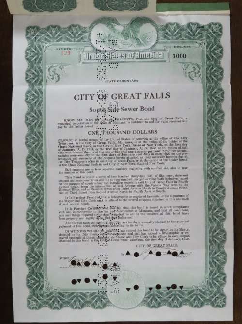 1919 City of Great Falls - South Side Sewer Bond, $1000 Bond, 129