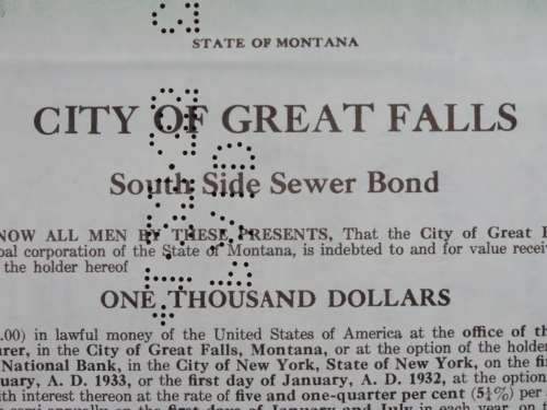 1919 City of Great Falls - South Side Sewer Bond, $1000 Bond, 129