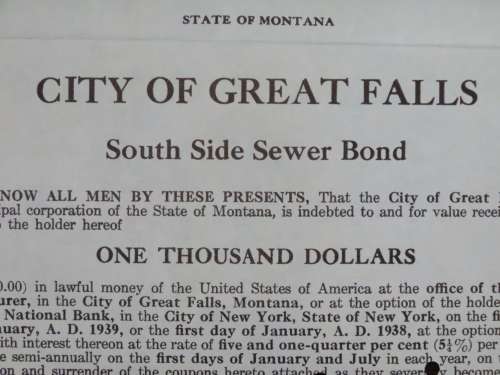 1919 City of Great Falls - South Side Sewer Bond, $1000 Bond, 230
