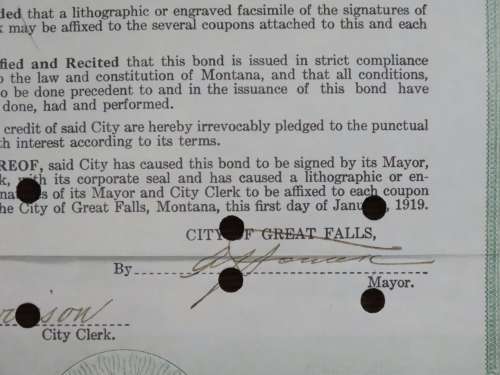 1919 City of Great Falls - South Side Sewer Bond, $1000 Bond, 230