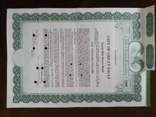 1919 City of Great Falls - South Side Sewer Bond, $1000 Bond, 230