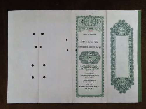 1919 City of Great Falls - South Side Sewer Bond, $1000 Bond, 230