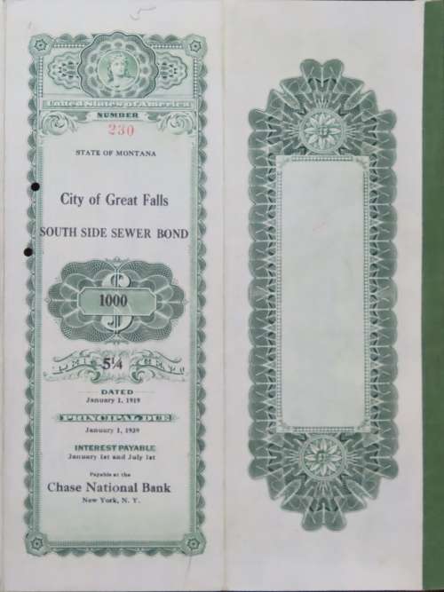1919 City of Great Falls - South Side Sewer Bond, $1000 Bond, 230