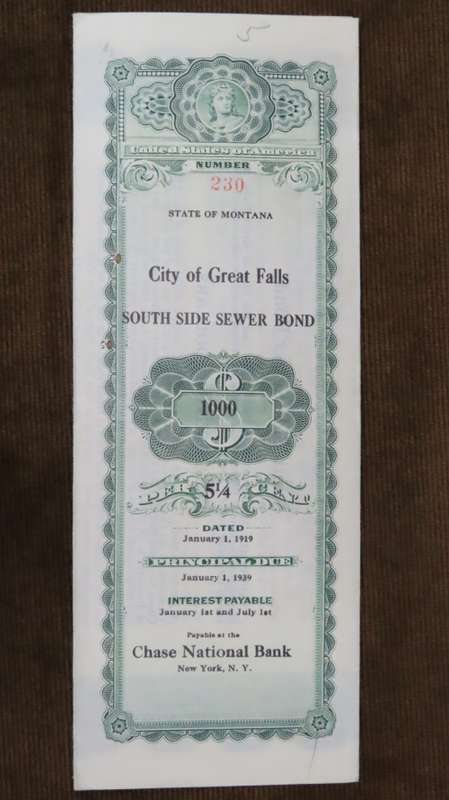 1919 City of Great Falls - South Side Sewer Bond, $1000 Bond, 230