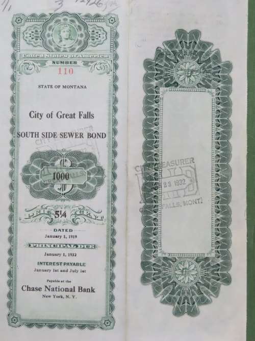 1919 City of Great Falls - South Side Sewer Bond, $1000 Bond, 110