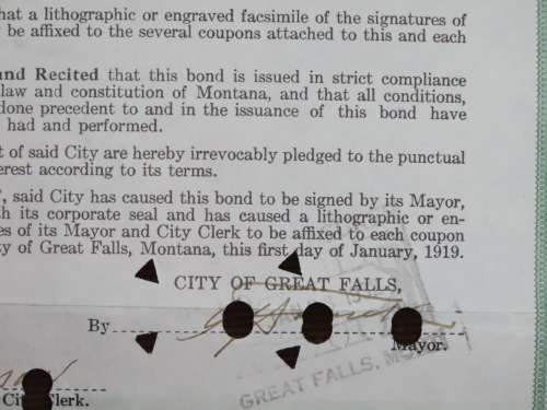 1919 City of Great Falls - South Side Sewer Bond, $1000 Bond, 110