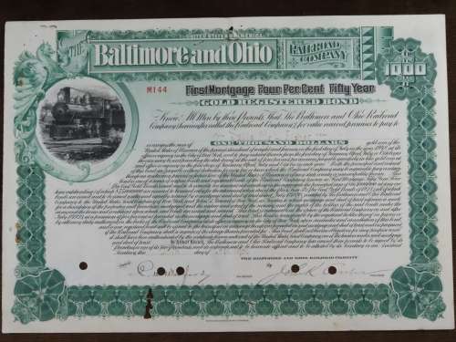 1901 Batimore and Ohio Railroad Bond, $1000 Gold Bond, M144