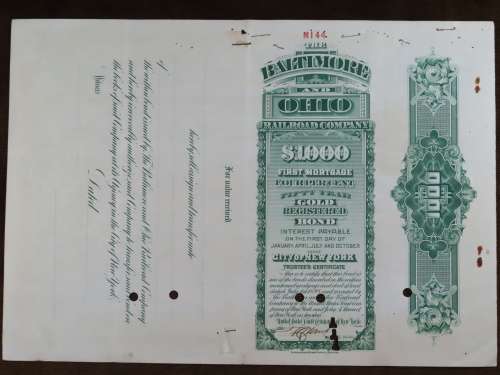 1901 Batimore and Ohio Railroad Bond, $1000 Gold Bond, M144