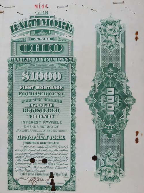 1901 Batimore and Ohio Railroad Bond, $1000 Gold Bond, M144