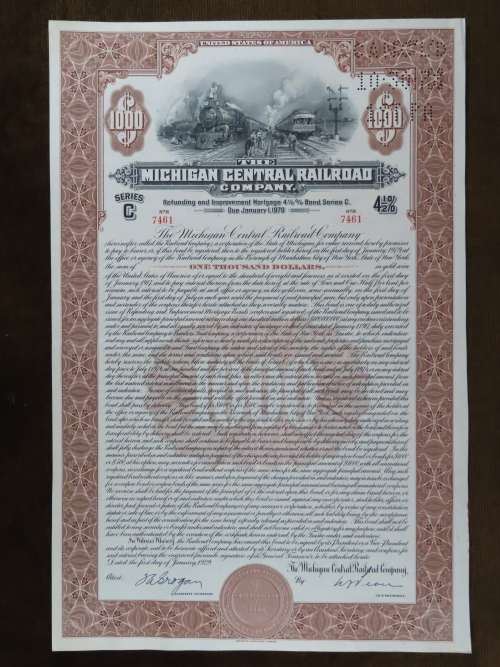1929 Michigan Central Railroad Company Bond, $1000 Bond, 7461