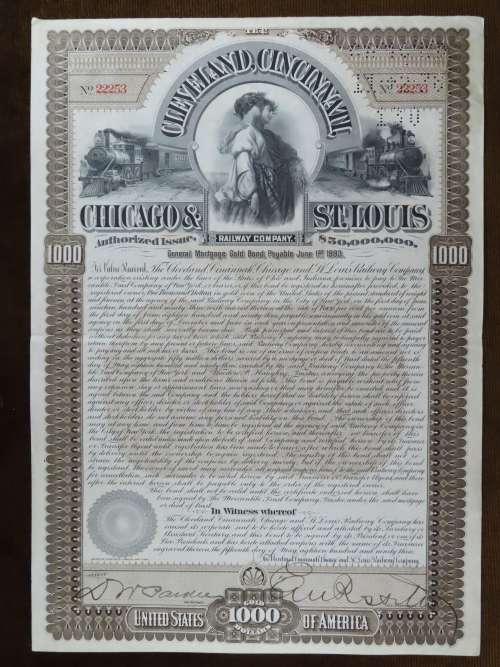 1893 Cleveland Cincinnati Chicago St Louis Railrway Company Bond, $1000 Gold Bond, 22253