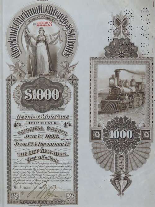 1893 Cleveland Cincinnati Chicago St Louis Railrway Company Bond, $1000 Gold Bond, 22253