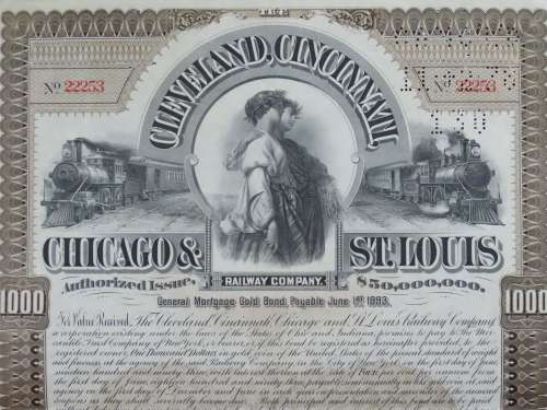 1893 Cleveland Cincinnati Chicago St Louis Railrway Company Bond, $1000 Gold Bond, 22253