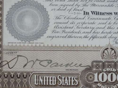 1893 Cleveland Cincinnati Chicago St Louis Railrway Company Bond, $1000 Gold Bond, 22253