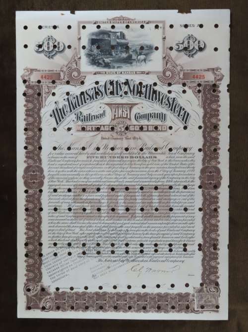 1894 Kansas City Northwestern Railroad Company Bond, $500 Gold Bond, 4425