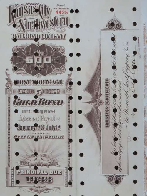 1894 Kansas City Northwestern Railroad Company Bond, $500 Gold Bond, 4425