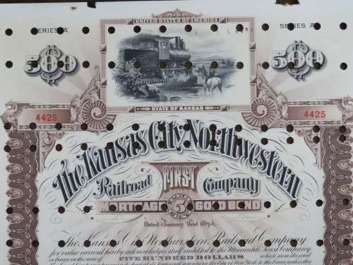 1894 Kansas City Northwestern Railroad Company Bond, $500 Gold Bond, 4425
