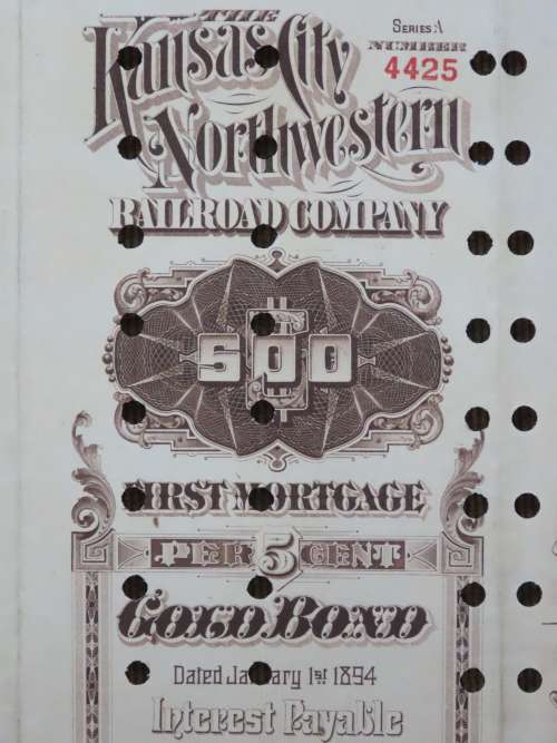 1894 Kansas City Northwestern Railroad Company Bond, $500 Gold Bond, 4425