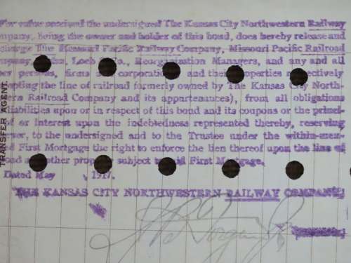 1894 Kansas City Northwestern Railroad Company Bond, $500 Gold Bond, 4425