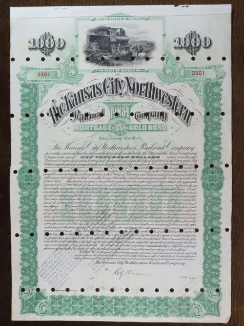 1894 Kansas City Northwestern Railroad Company Bond, $1000 Gold Bond, 2301