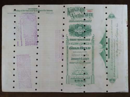 1894 Kansas City Northwestern Railroad Company Bond, $1000 Gold Bond, 2301