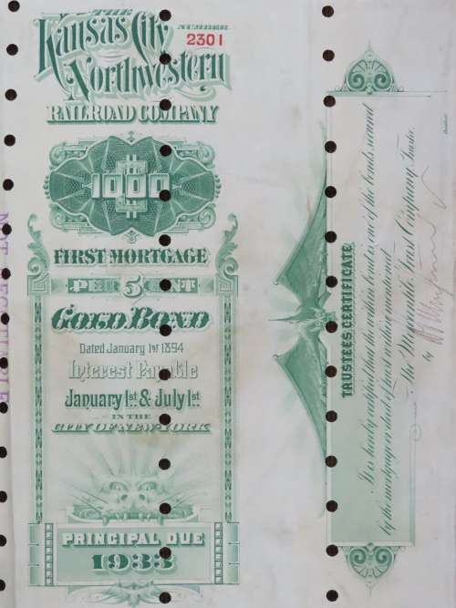 1894 Kansas City Northwestern Railroad Company Bond, $1000 Gold Bond, 2301