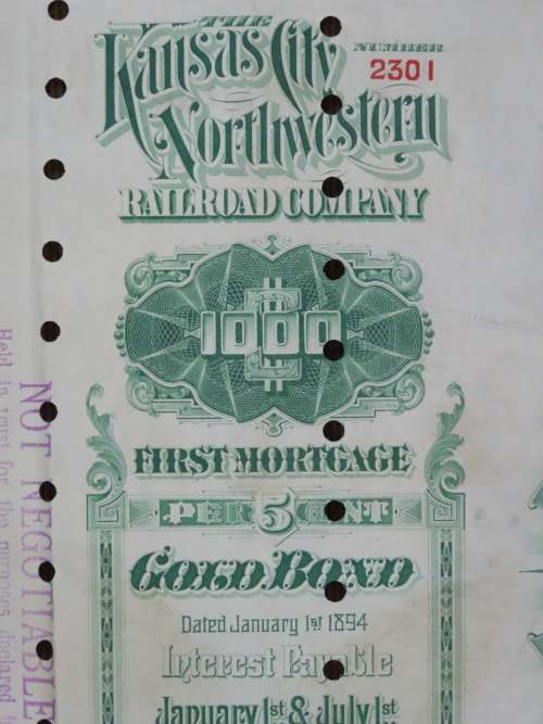1894 Kansas City Northwestern Railroad Company Bond, $1000 Gold Bond, 2301