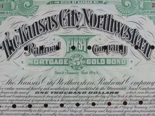 1894 Kansas City Northwestern Railroad Company Bond, $1000 Gold Bond, 2301