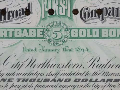 1894 Kansas City Northwestern Railroad Company Bond, $1000 Gold Bond, 2301
