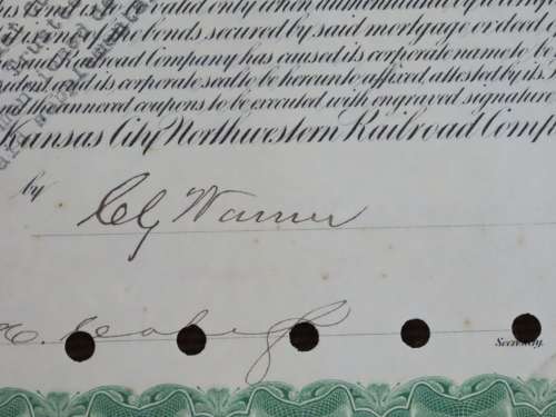 1894 Kansas City Northwestern Railroad Company Bond, $1000 Gold Bond, 2301