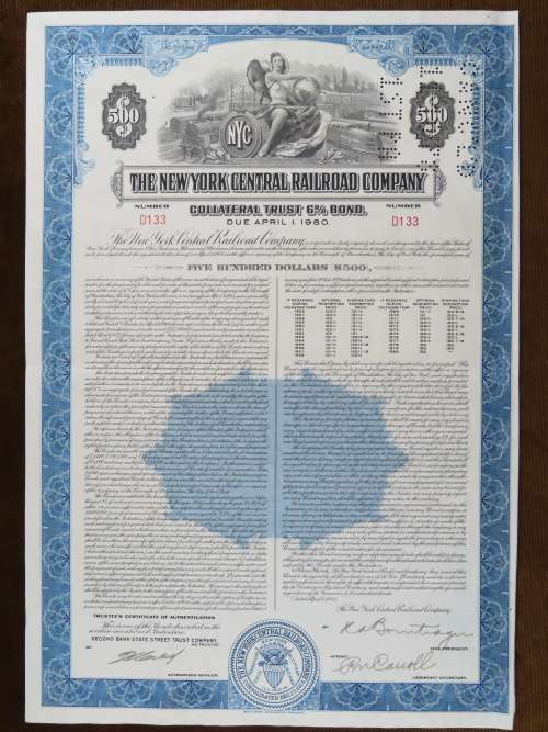 1955 New York Central Railroad Company Bond, $500 Bond, D133