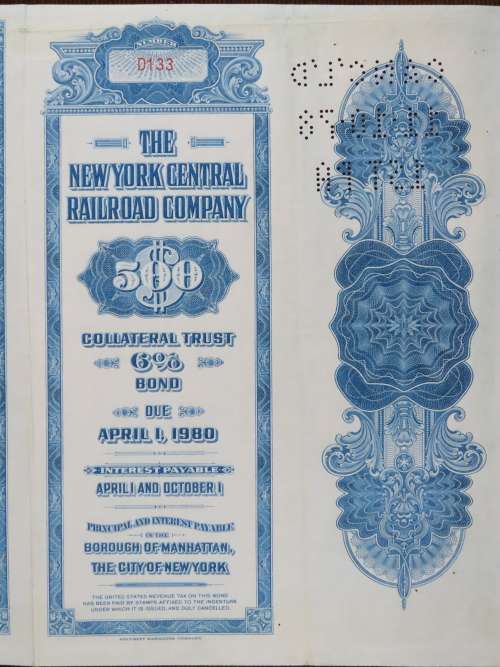1955 New York Central Railroad Company Bond, $500 Bond, D133