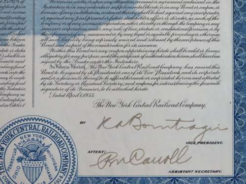 1955 New York Central Railroad Company Bond, $500 Bond, D133