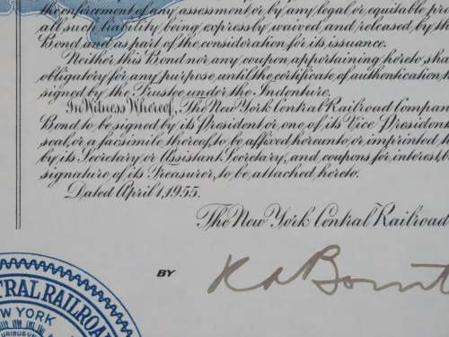 1955 New York Central Railroad Company Bond, $500 Bond, D133