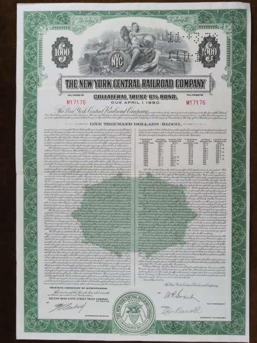 1955 New York Central Railroad Company Bond, $1000 Bond, M17176