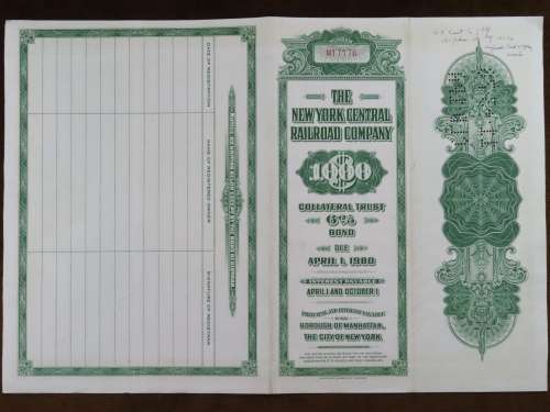 1955 New York Central Railroad Company Bond, $1000 Bond, M17176