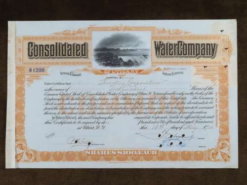 1924 Consolidated Water Company , Stock Certificate, 200 Shares, B1298
