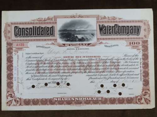 1900 Consolidated Water Company , Stock Certificate, 100 Shares, A125