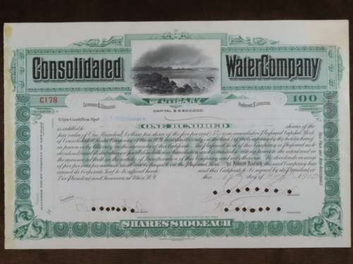 1905 Consolidated Water Company , Stock Certificate, 100 Shares, C178