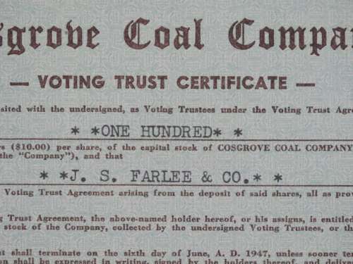 1942 Cosgrove Coal Company , Stock Certificate, 100 Shares, 50