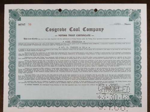 1942 Cosgrove Coal Company , Stock Certificate, 100 Shares, 50