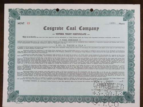 1942 Cosgrove Coal Company , Stock Certificate, 100 Shares, 49