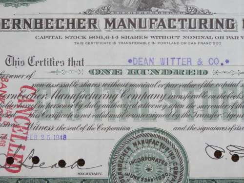1948 Doernbecher Manufacturing Company , Stock Certificate, 100 Shares, SF2474