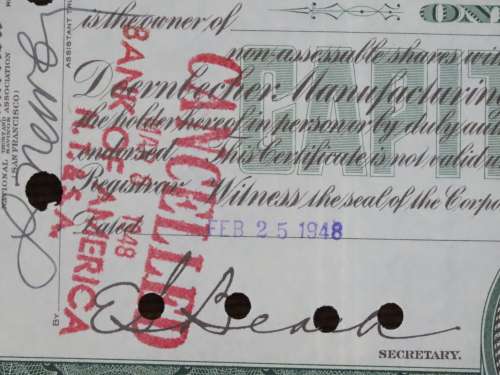 1948 Doernbecher Manufacturing Company , Stock Certificate, 100 Shares, SF2474