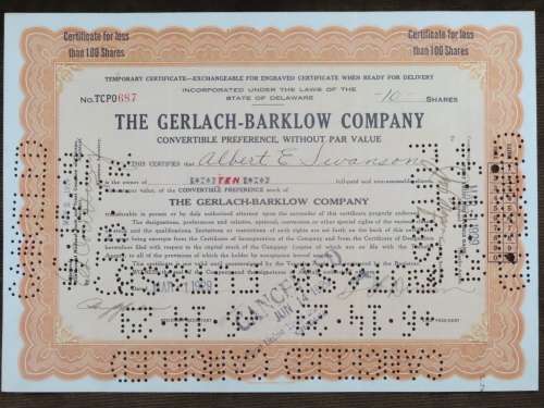 1929 Gerlach Barklow Company , Stock Certificate, 10 Shares, 687