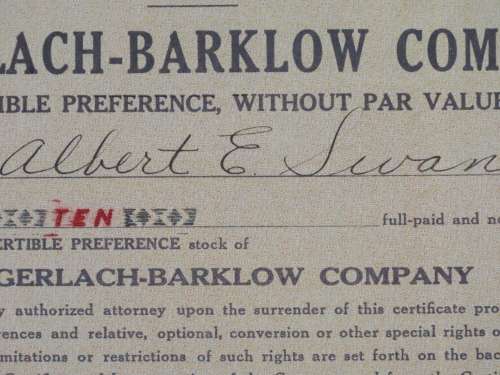 1929 Gerlach Barklow Company , Stock Certificate, 10 Shares, 687