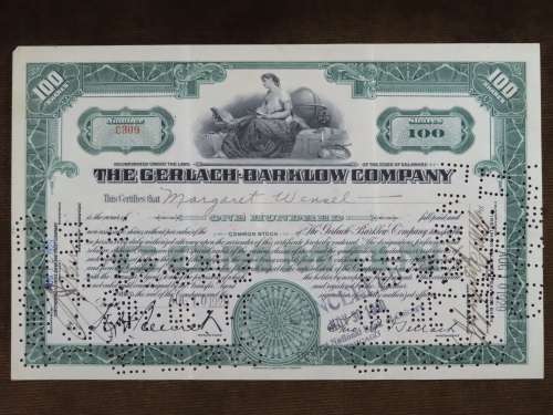 1929 Gerlach Barklow Company , Stock Certificate, 100 Shares, C309