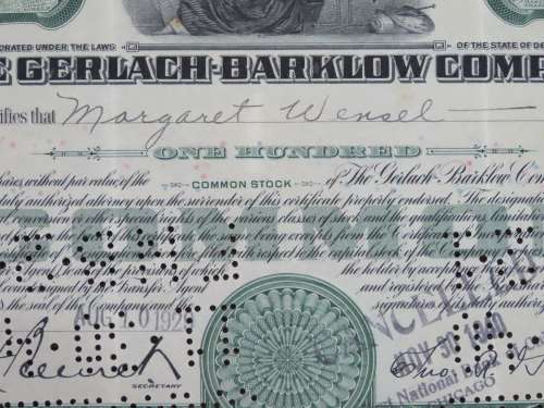 1929 Gerlach Barklow Company , Stock Certificate, 100 Shares, C309