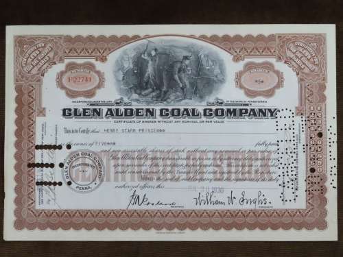 1930 Glen Alden Coal Company , Stock Certificate, 5 Shares, 22741