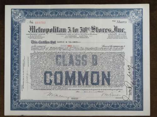 1922 Metropolitan 5 to 50c Store inc, Stock Certificate, 1 Shares, B10710
